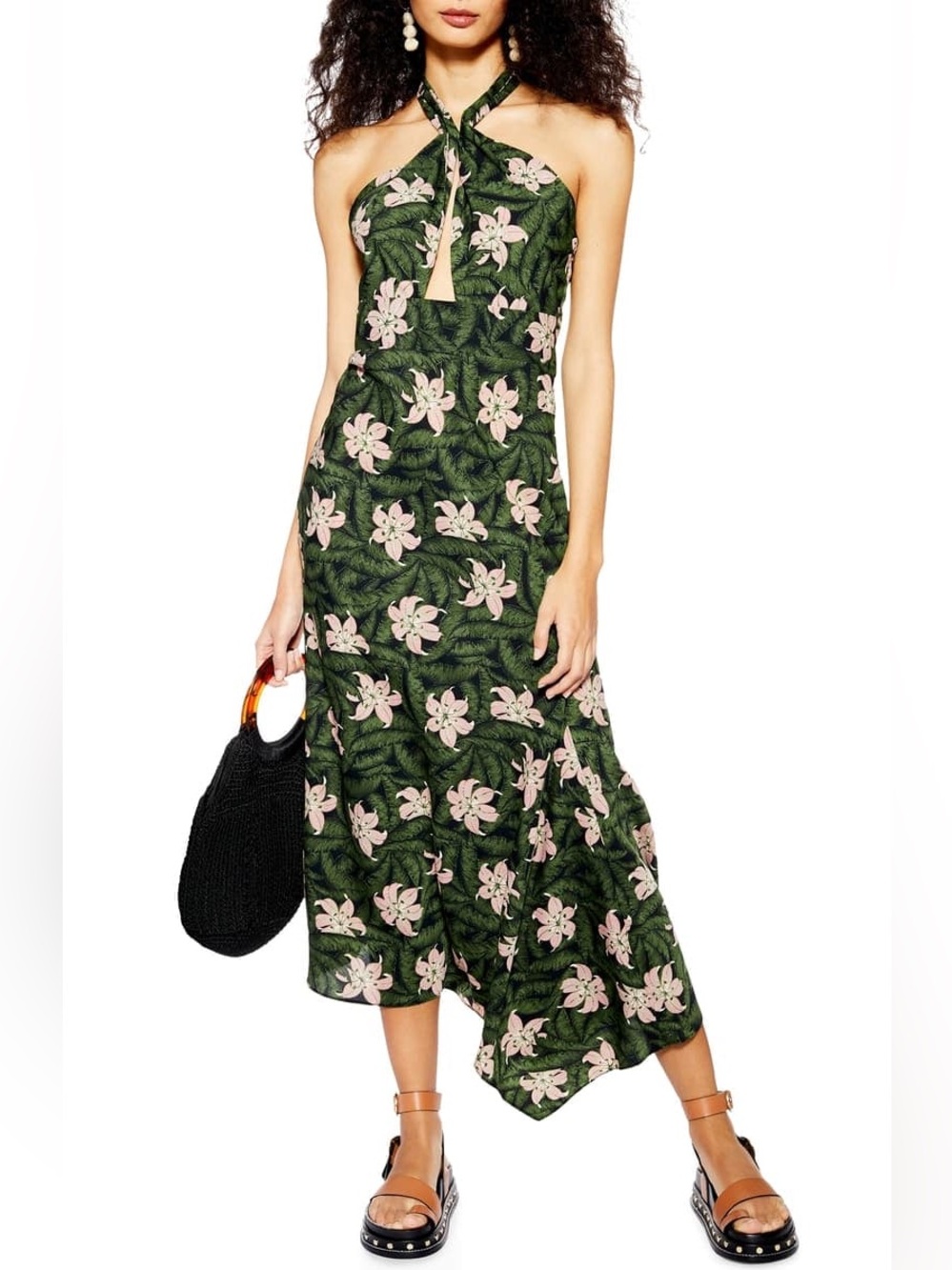 NWT Topshop Hibiscus Floral Halter Midi Summer Dress Tropical Resortwear Vibes